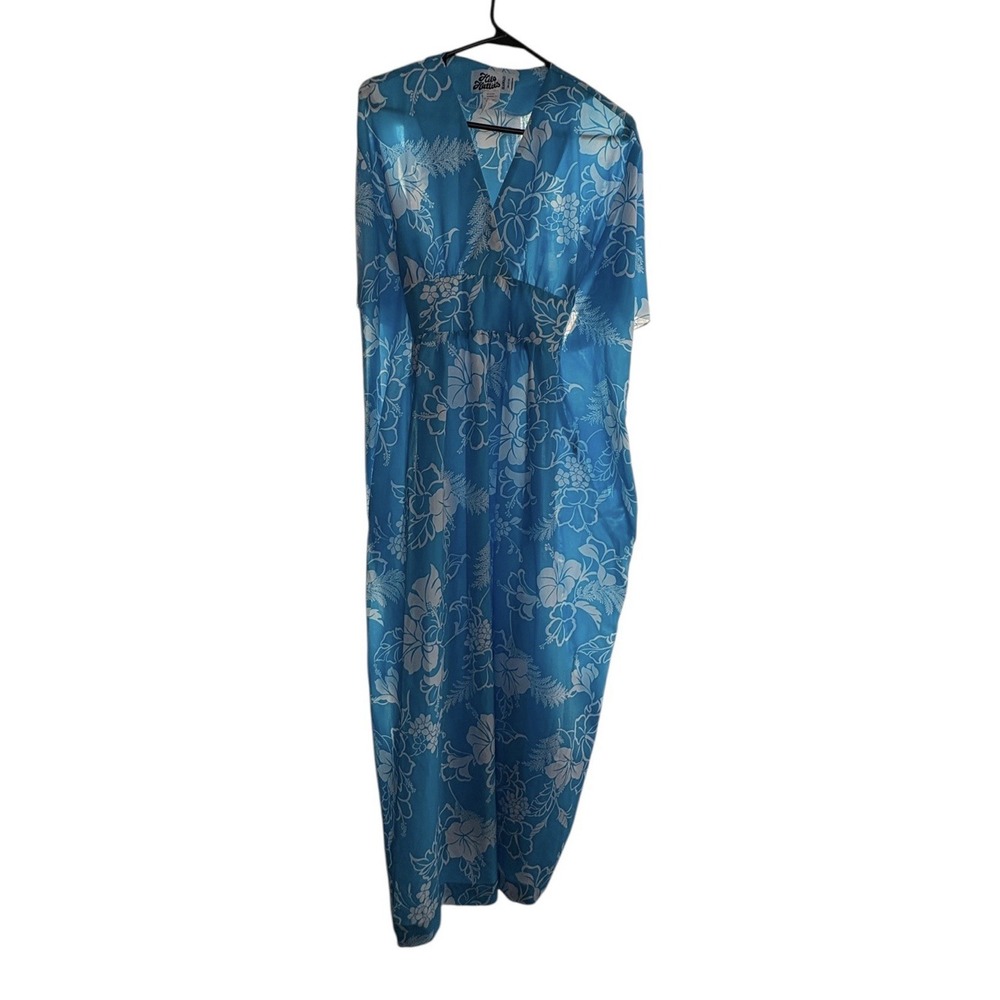 Vtg HILO HATTIE Hawaiian Blue & White Floral Kaftan Mumu Dress - One Size / OS‎